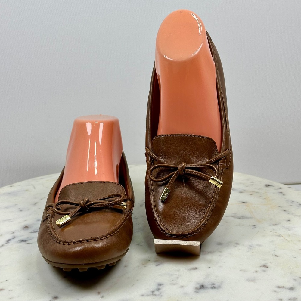 Michael Kors Fulton Moc Luggage Brown Leather Loafers Gold Hardware Size 7.5M